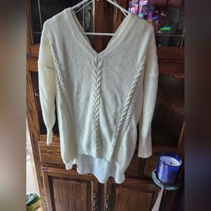 Kate & Mallory White V-Neck Sweater with Chevron Knit 2 Lace Up Back